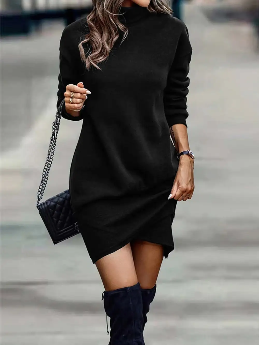 Polished Detail Long Sleeve Mini Dress
