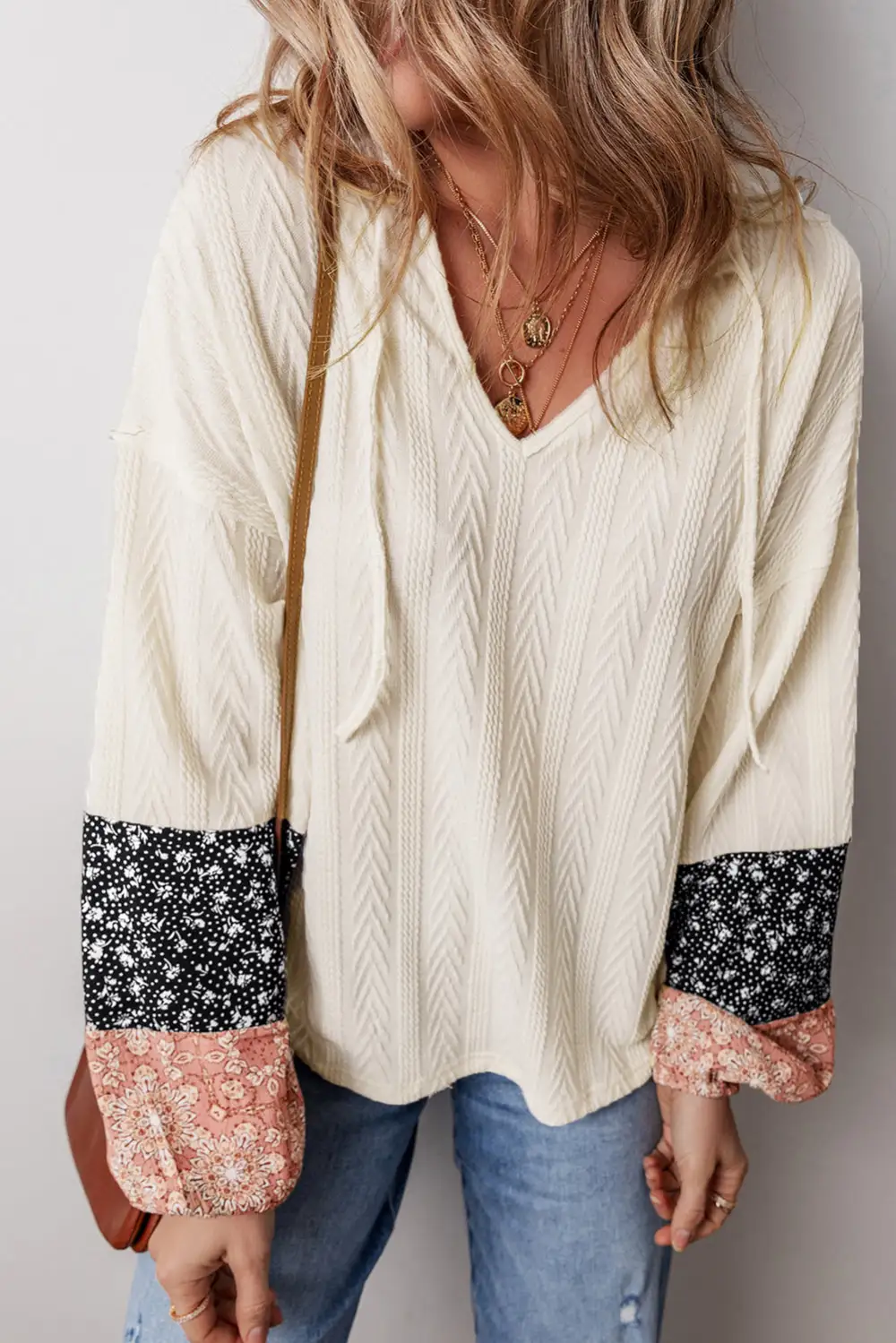 Women's Floral Print Patchwork Textured Top