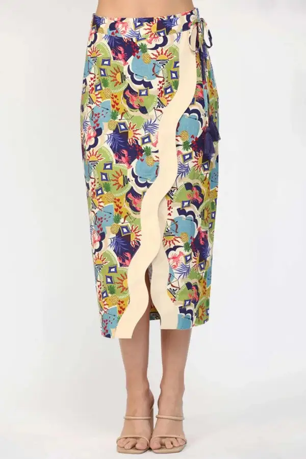Multicolor Floral Wrap Front Midi Skirt
