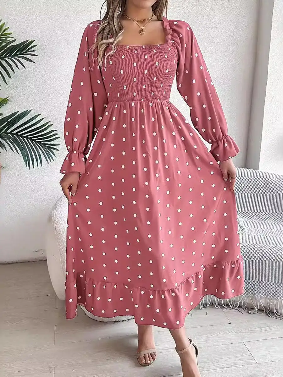 Pleated Ruffled Polka Dot Long Neck Shirt
