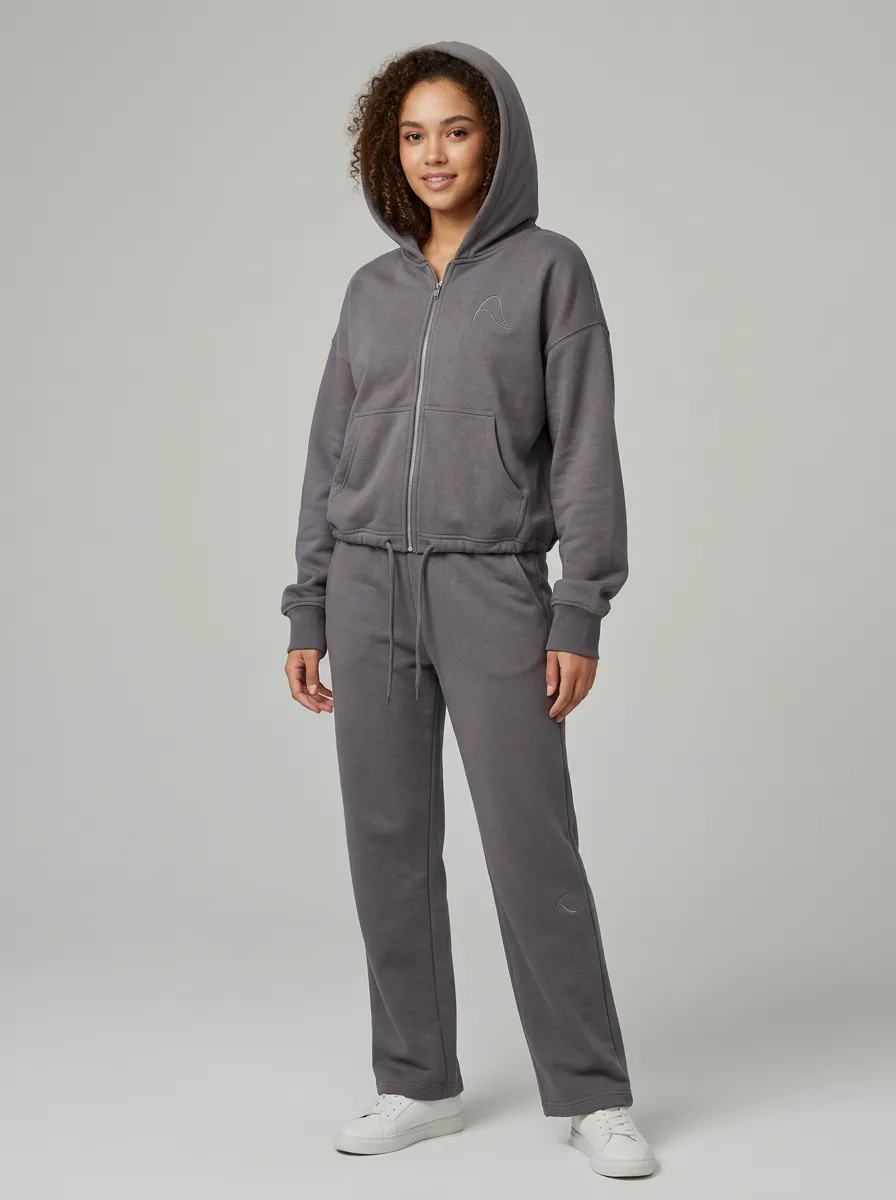 Women's Charcoal Embroidered Zip-Up Hoodie Jacket & Straight-Leg Pants Set