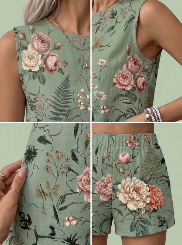 Women's Botanical Garden Floral Printed Sleeveless Shorts Set