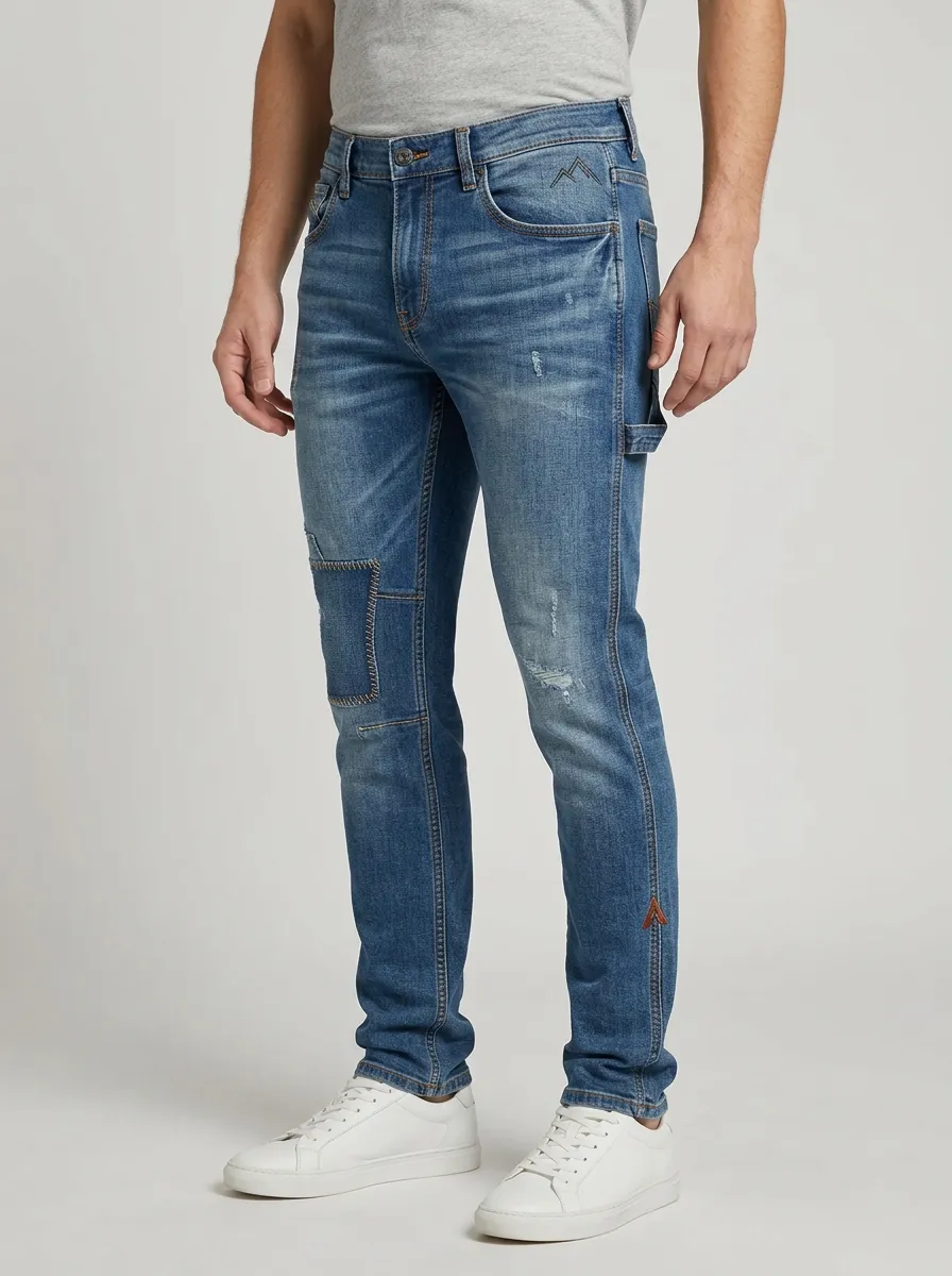 Men's Mountain Emblem Distressed Patchwork Slim-Fit Jeans