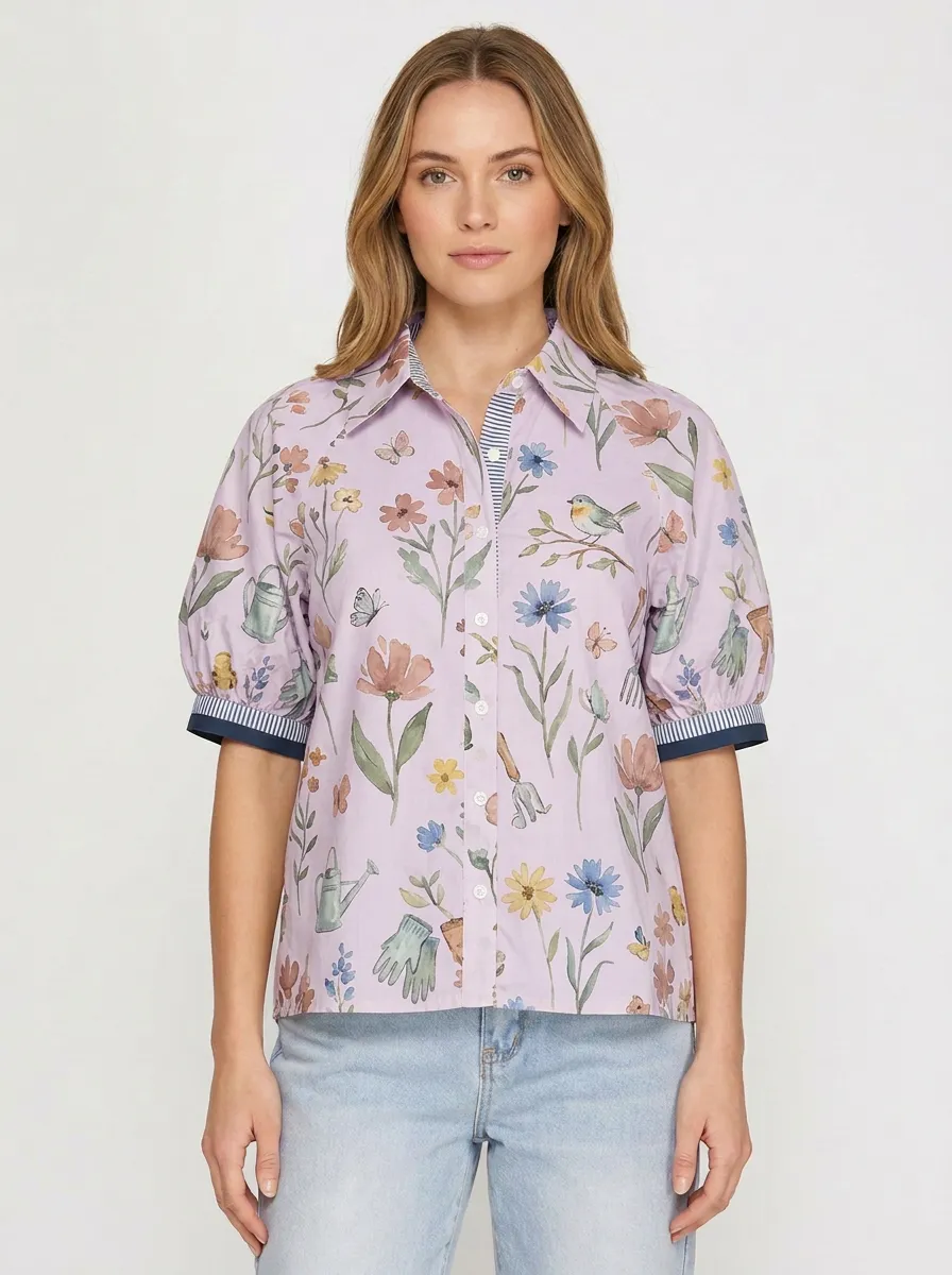 Women's Garden Lover Floral Bird Gardening Tools Graphic Blouse