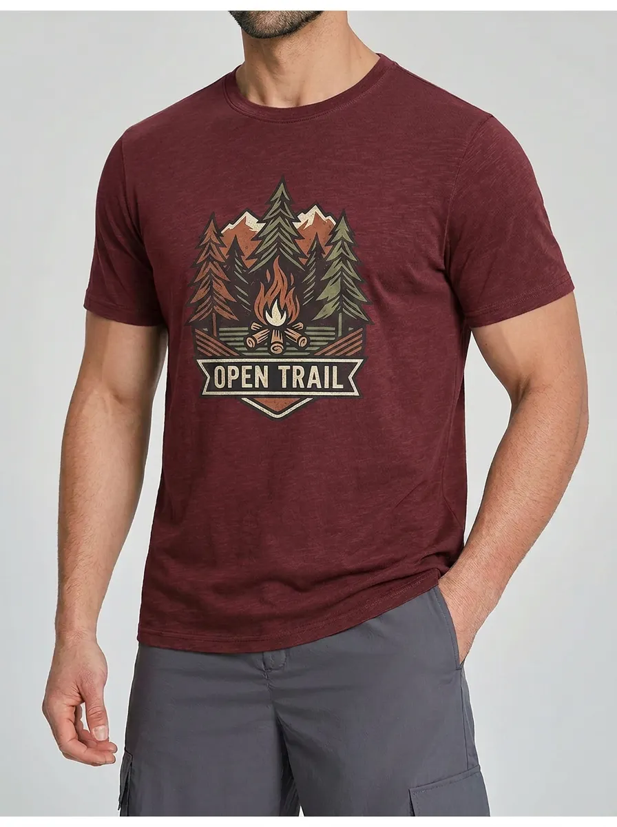 Men's Camping Hiking Lover Open Trail Mountain Campfire Printed T-shirt