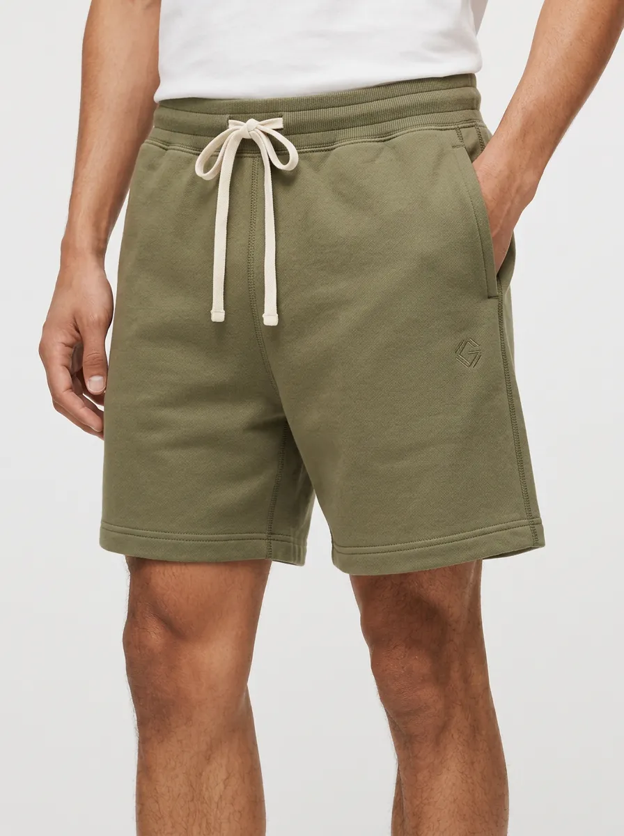 Men's Casual Olive Green Drawstring Embroidered Logo Shorts
