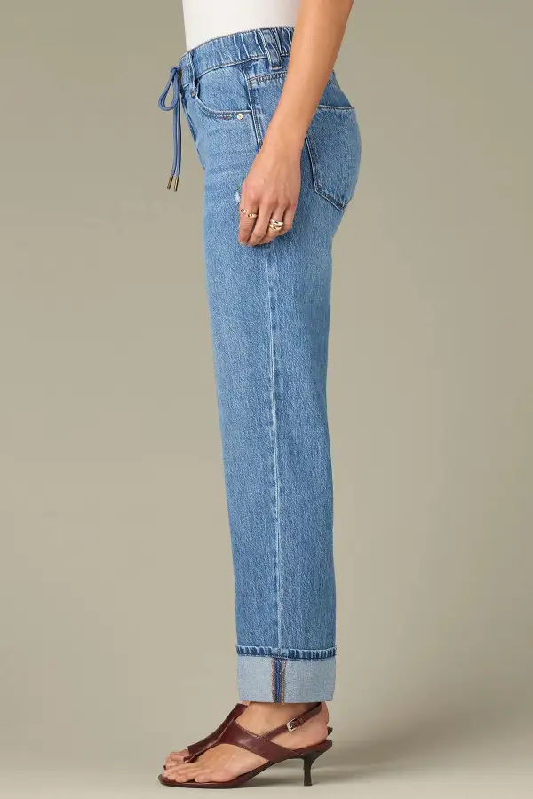 High Rise Drawstring Waist Cuffed Boyfriend Jeans
