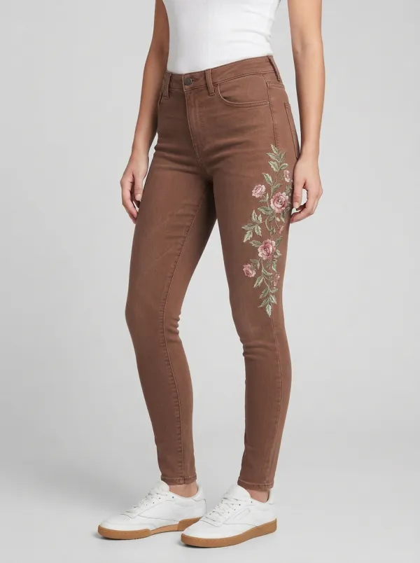 Women's Willow Floral Rose Embroidery Printed Slim Jeans