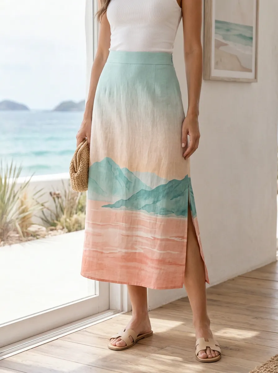 Women's Beach Lover Mountain Landscape Printed Midi Skirt