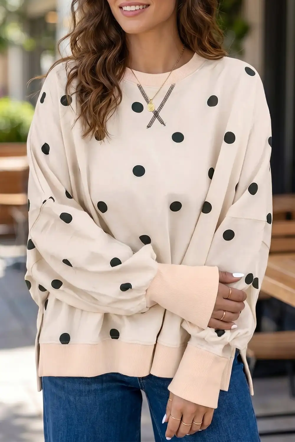 Women's Polka Dot Round Neck Long Sleeve Sweatshirt