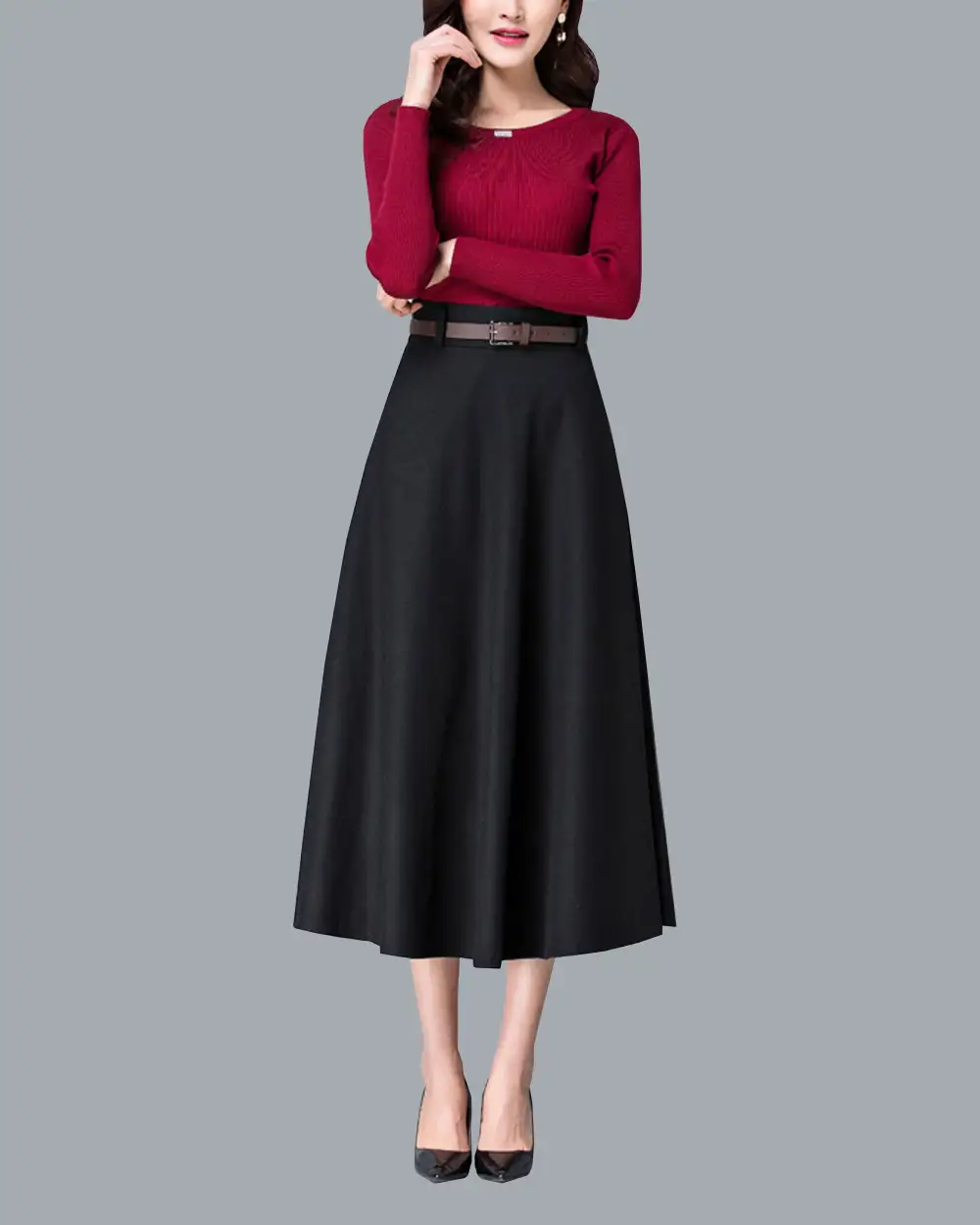 Belted Wool Flared Maxi Skirt