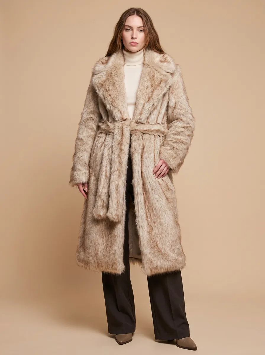 Line Faux Fur Belted Long Coat