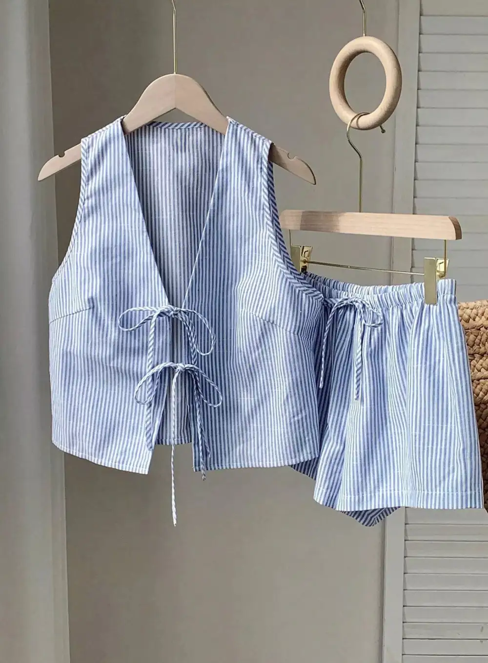 Striped Tie-front Vest and Shorts Set
