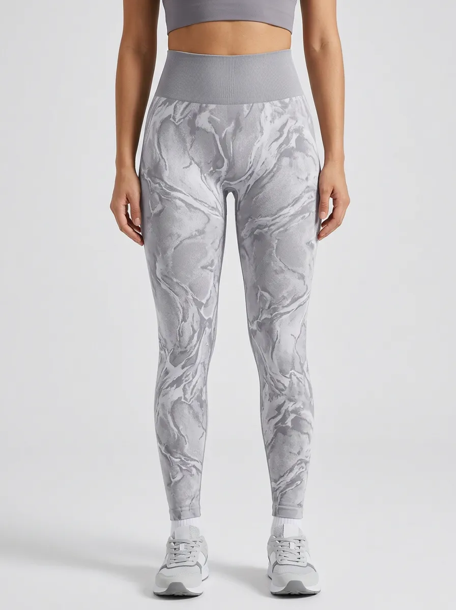 Women's Marble-Print Ribbed Full-Length High-Rise Leggings