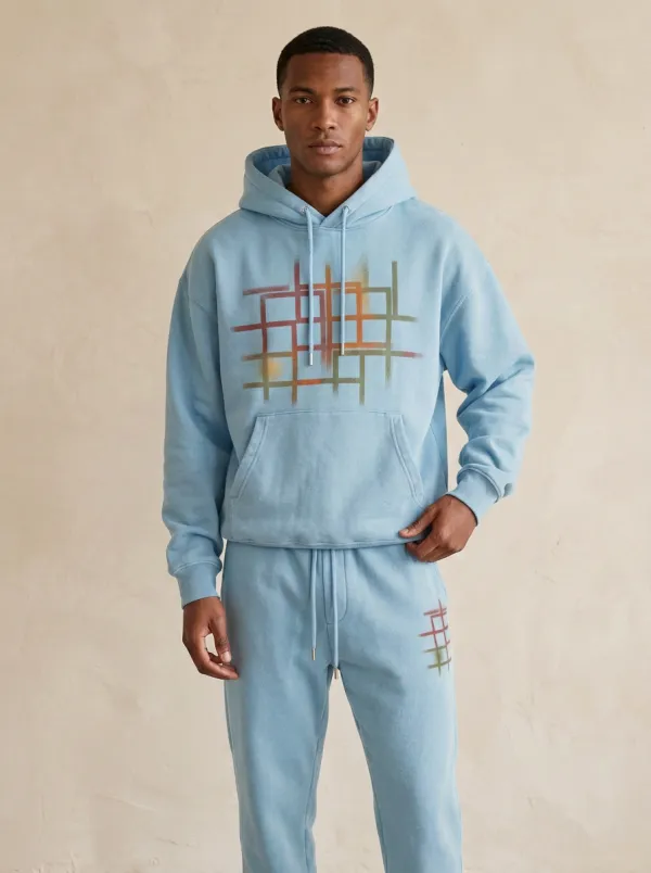 Men's Streetwear Abstract Grid Spray Painted Hoodie Jogger Set