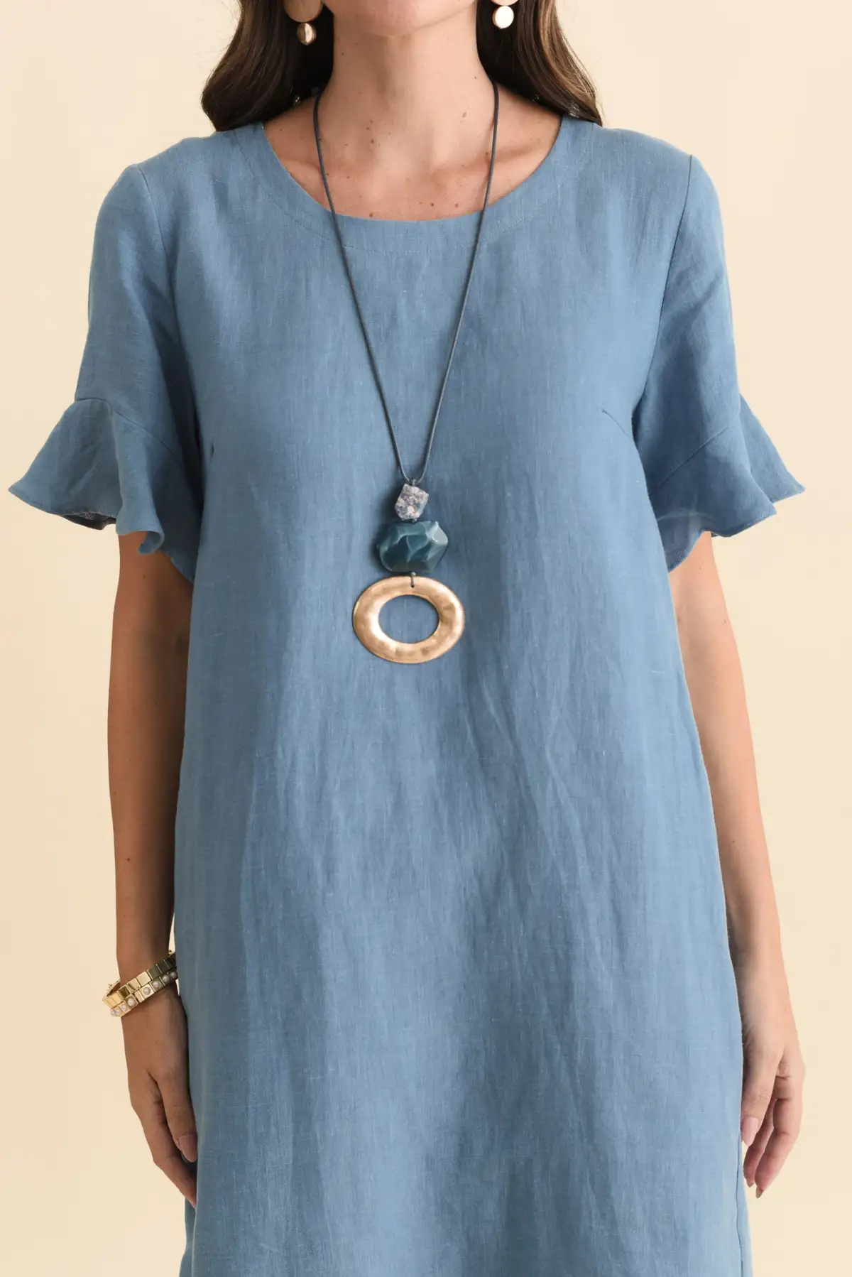 Pocket Above-Knee Linen Round-Neck Half-Sleeve A-Line Relaxed Dress