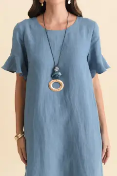 Pocket Above-Knee Linen Round-Neck Half-Sleeve A-Line Relaxed Dress