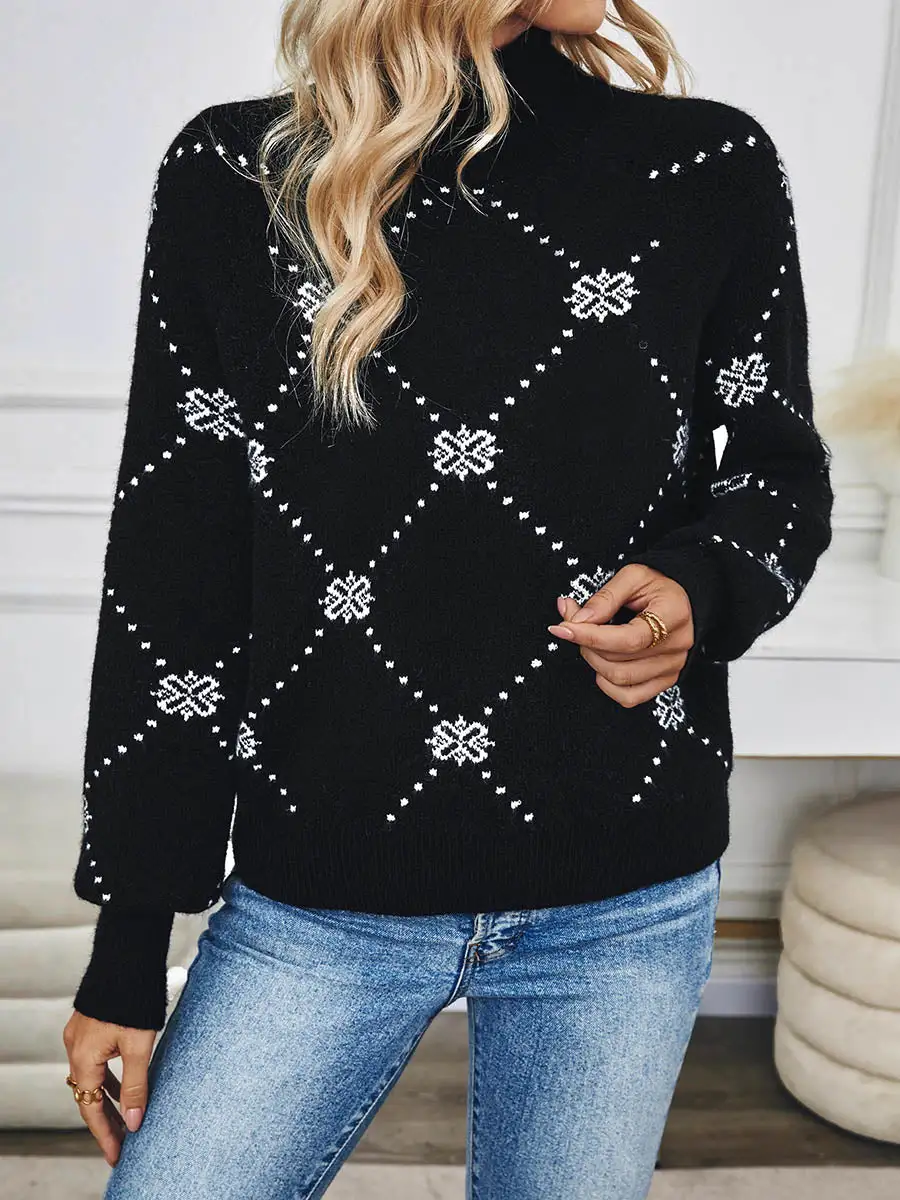 Geometric Floral Detail Paneled Turtleneck Long Sleeve Sweater
