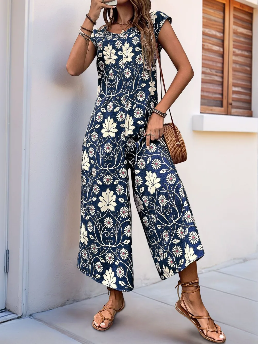 Round Neck Cap Sleeve Wide Leg Jumpsuit