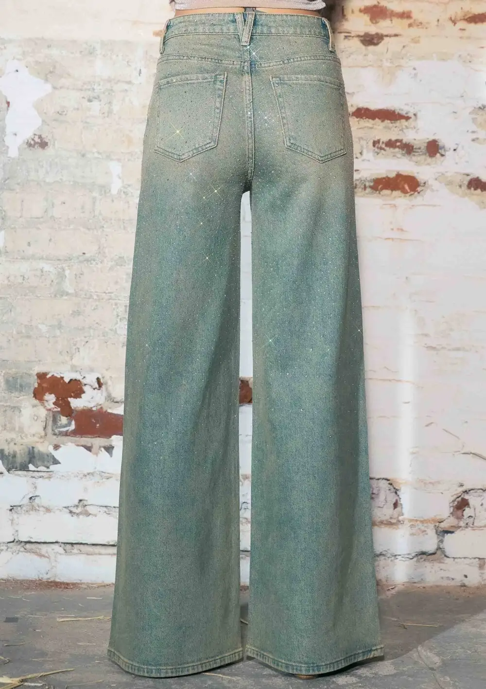 Faded Rhinestone Wide Leg Jeans