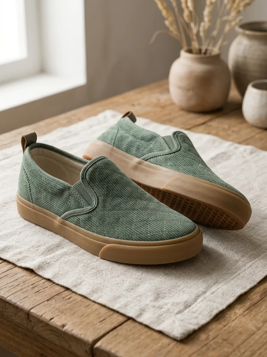 Women's Casual Sage Green Corduroy Quilted Slip-on Shoes