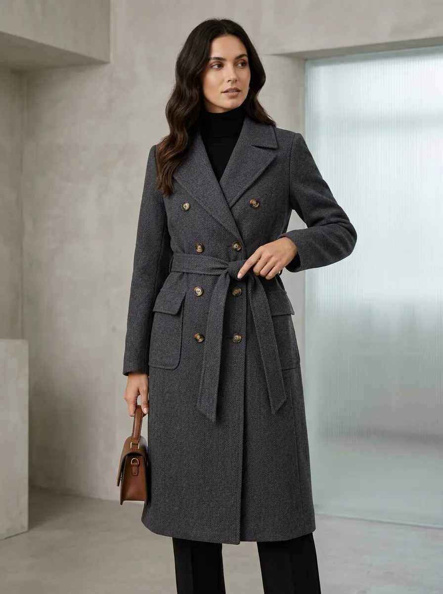 Women's Classic Herringbone Pattern Double-Breasted Belted Coat