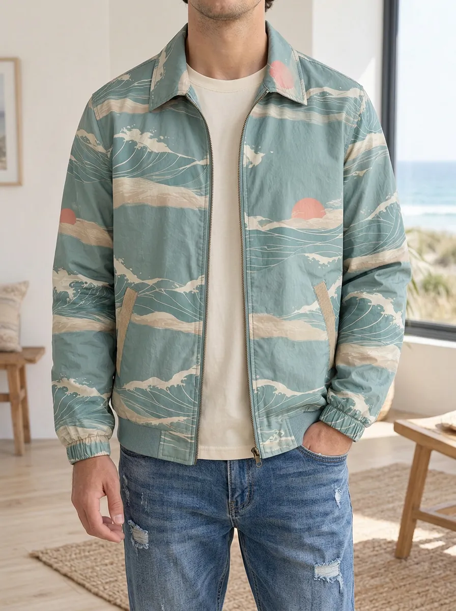 Men's Japanese Ocean Wave Sunset Rugged Terrain Jacket