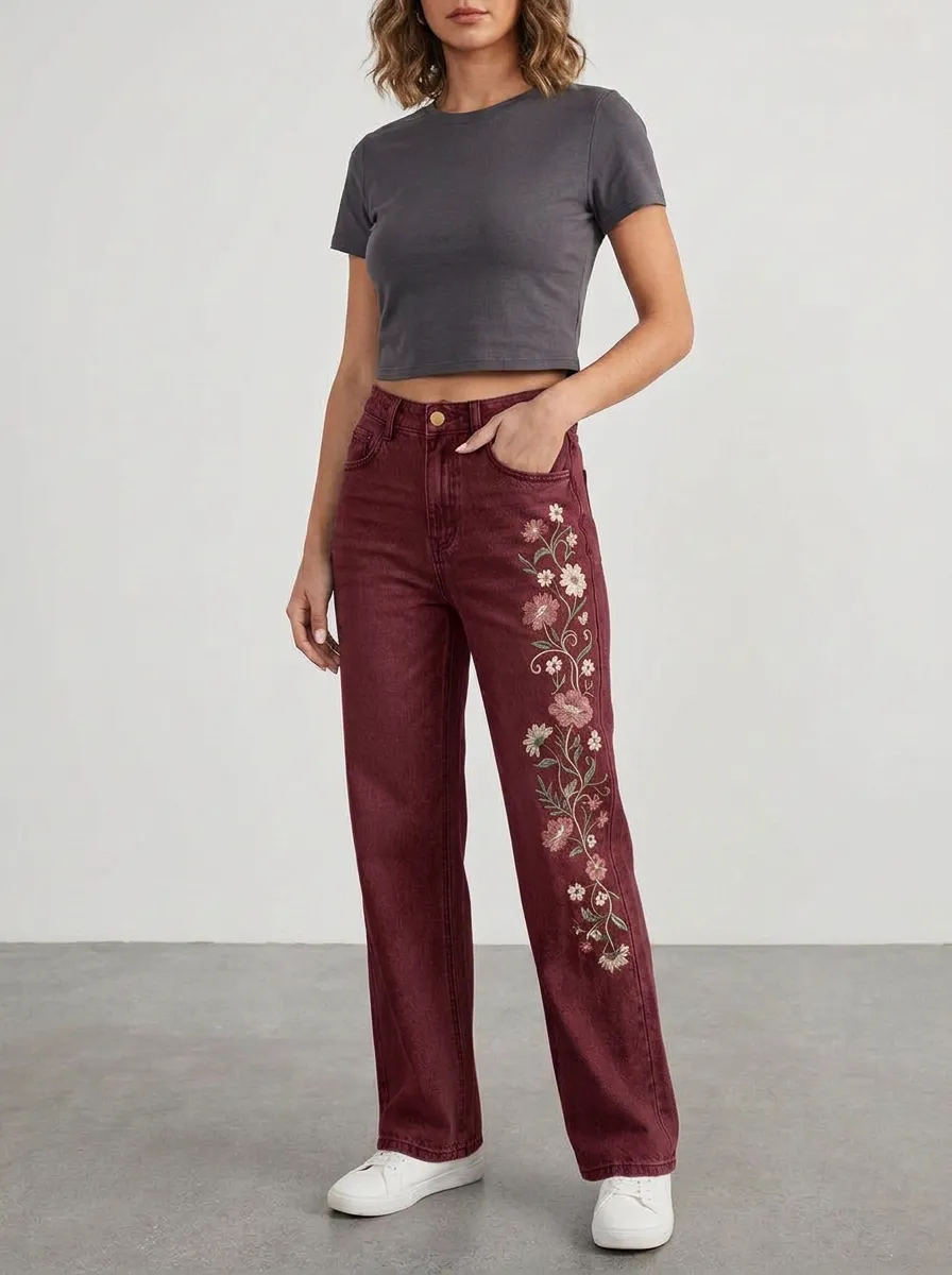 Women's Light Wash Floral Embroidered High-Rise Five-Pocket Straight Leg Jeans