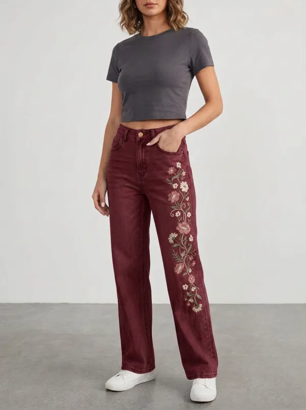 Women's Light Wash Floral Embroidered High-Rise Five-Pocket Straight Leg Jeans