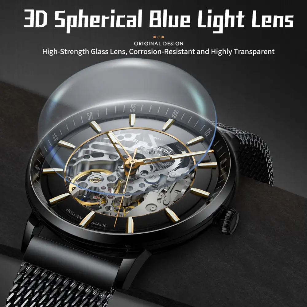 Sollen SL316 Men's Open Heart Full Skeleton Automatic Mechanical Watch - 42mm Stainless Steel Case Slim 9.9mm Acrylic Dial Wristwatch