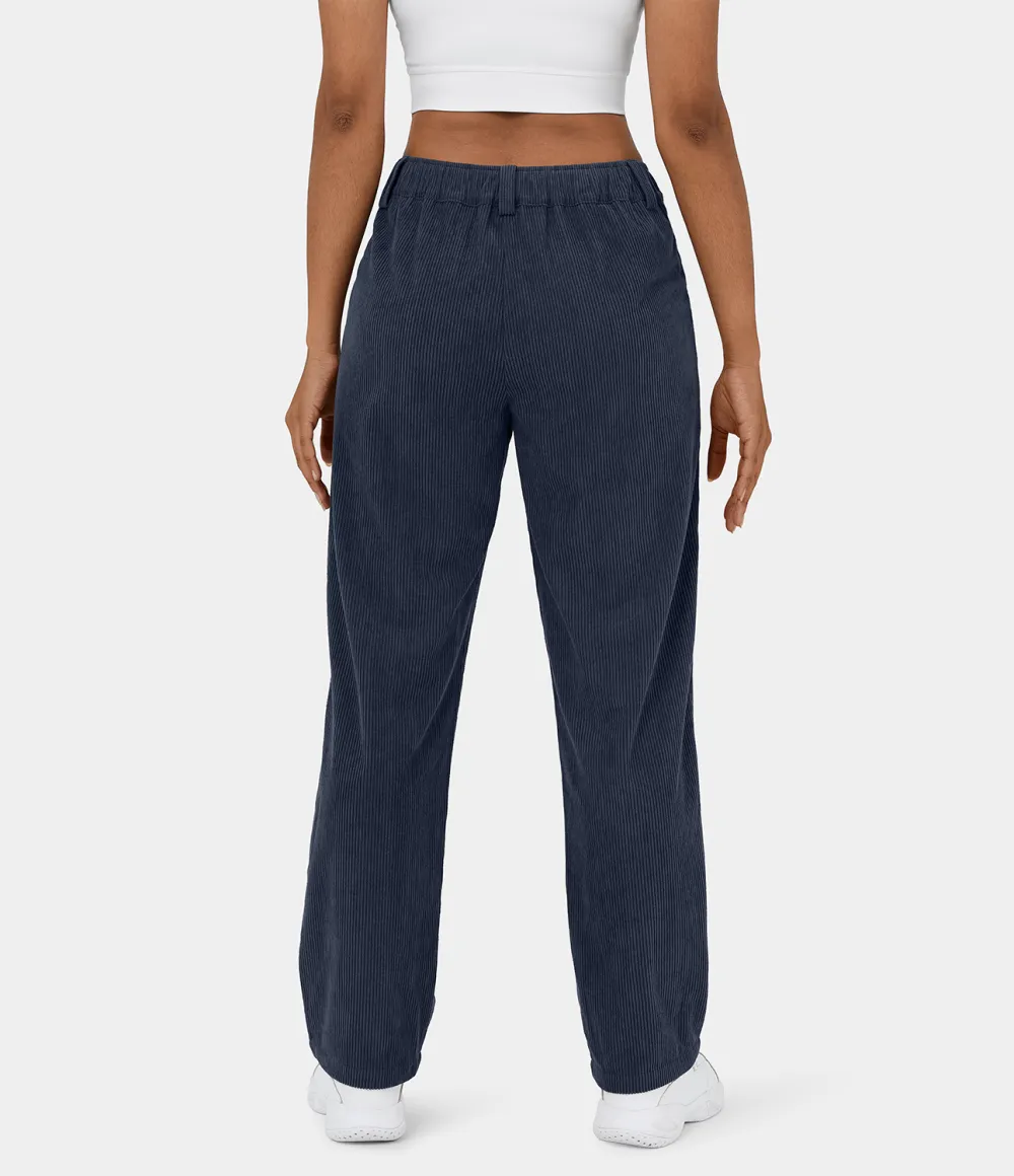 Mid Rise Button Zipper Side Pocket Corduroy Casual Pants
