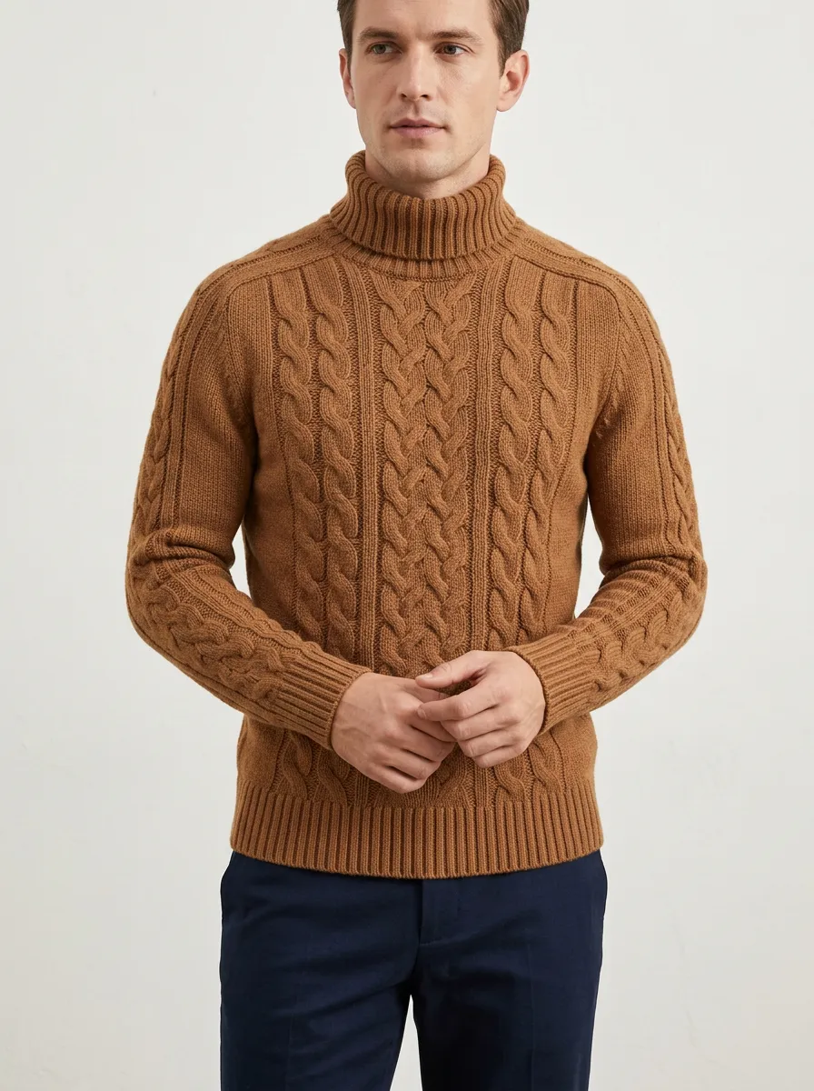 Men's Modern Layer Cable Knit Turtleneck Sweater