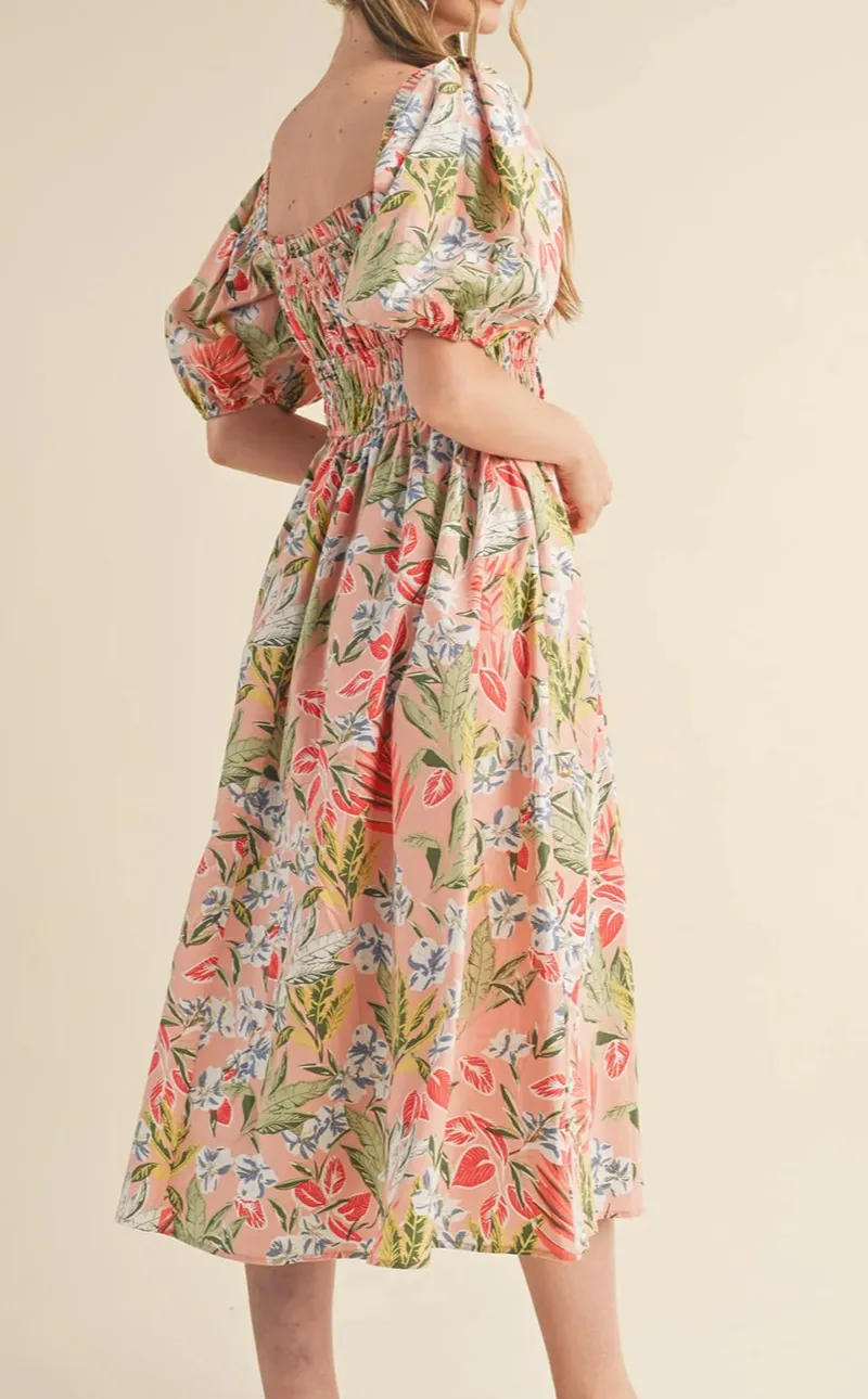 Floral Smocked Bust Bubble Short Sleeve Maxi Dress