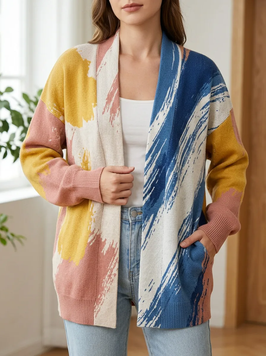 Women's Abstract Art Colorblock Brushstroke Printed Cardigan