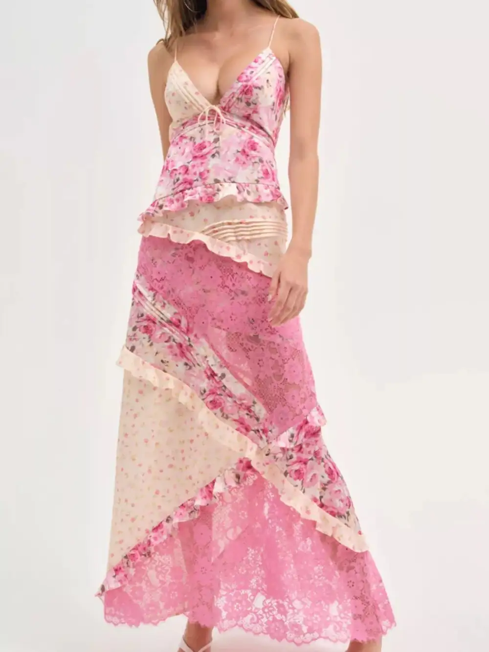 Floral Lace V Neck Maxi Dress