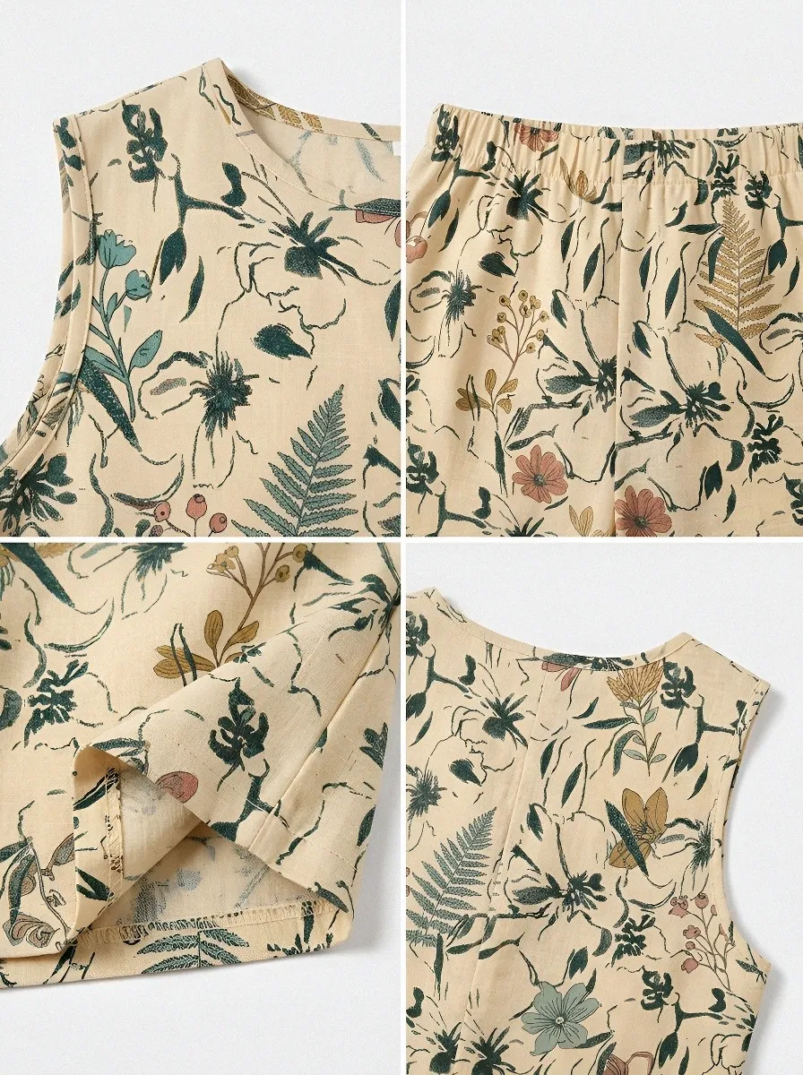 Women's Botanical Floral Fern Printed Sleeveless Shorts Set