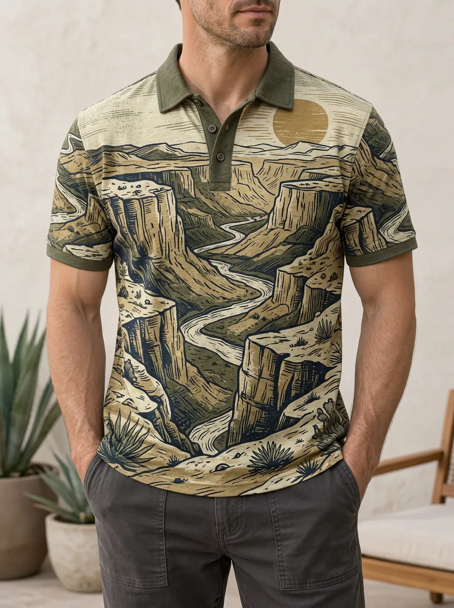 Men's Nature Lover Grand Canyon Landscape Printed Polo Shirt Weekend Casual Style