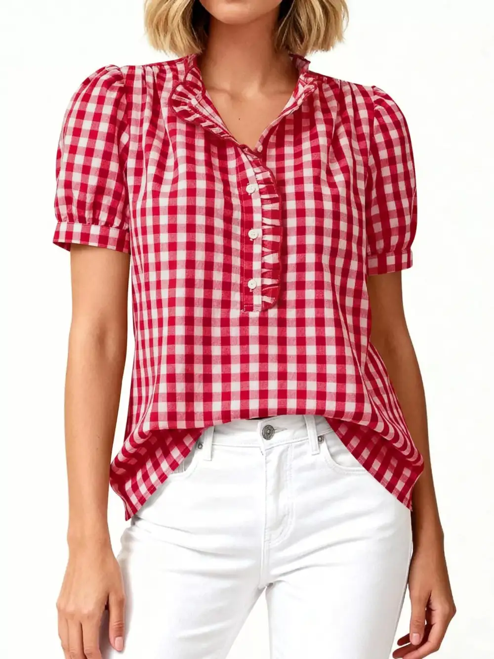 Gingham Button-Front Puff Sleeve Blouse