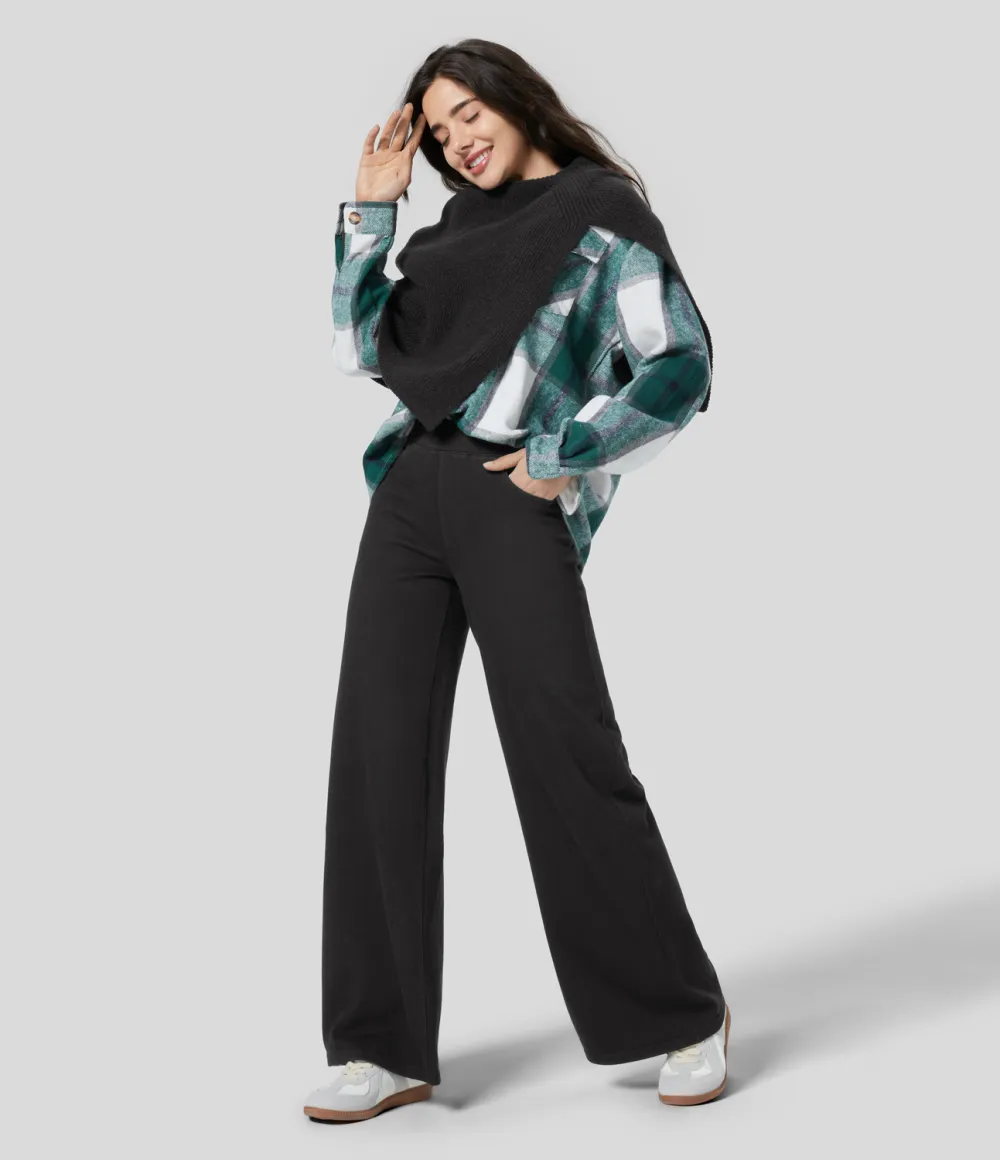 Magic High Waisted Multiple Pockets Wide Leg Stretchy Knit Casual Thermal Jeans