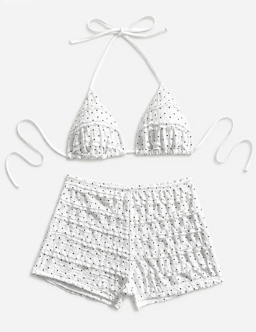 Polka Dots Ruffled Smocked Triangle Halter Bikini Set