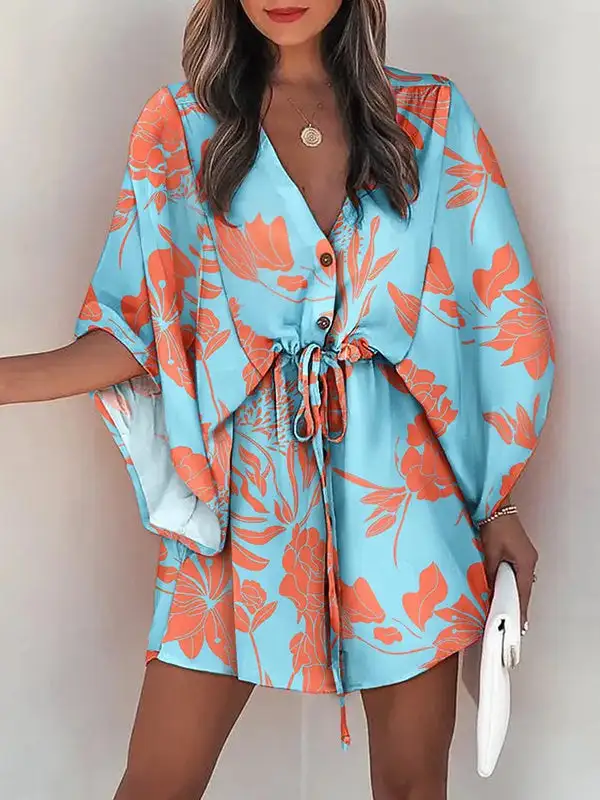 Original Relaxed Floral Printed Contrast Color Tied Mini Shirt Dress