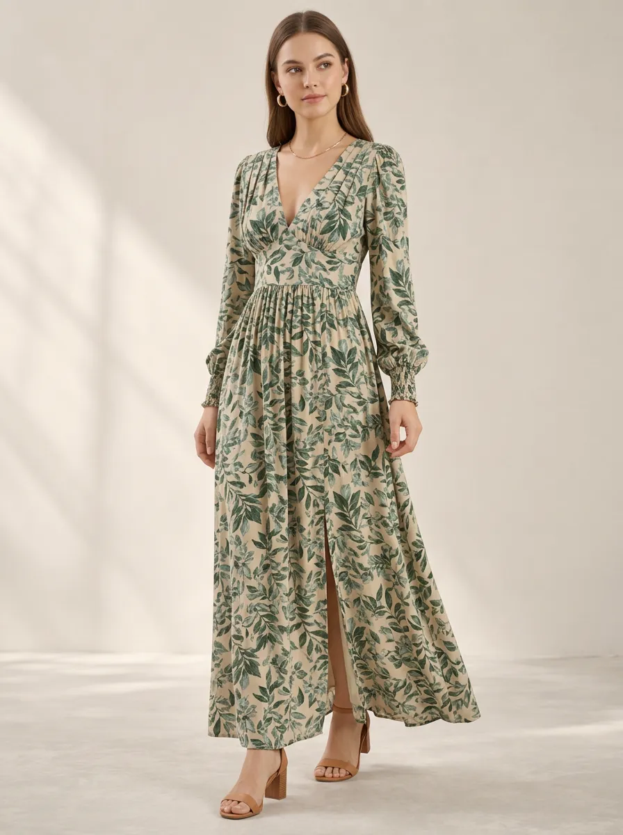Women's Organic Inspired Botanical Leaf V Neck Printed Maxi Dress