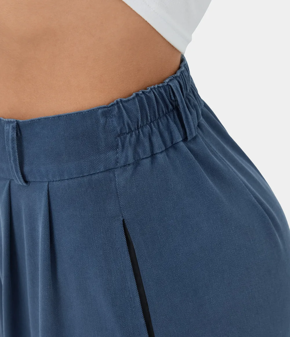 High Waisted Button Zipper Plicated Side Pocket Split Hem Wide Leg Casual Pants