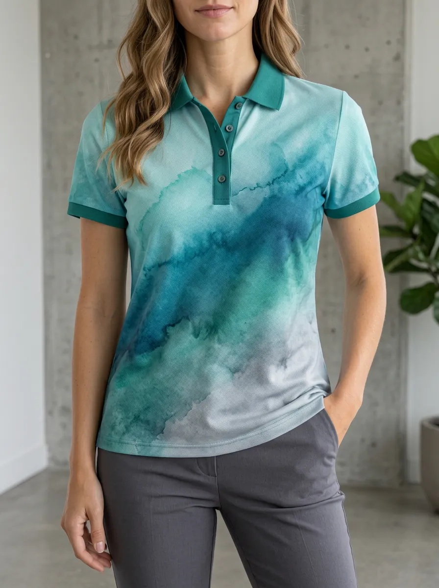 Women's Graphic Watercolor Abstract Polo Shirt