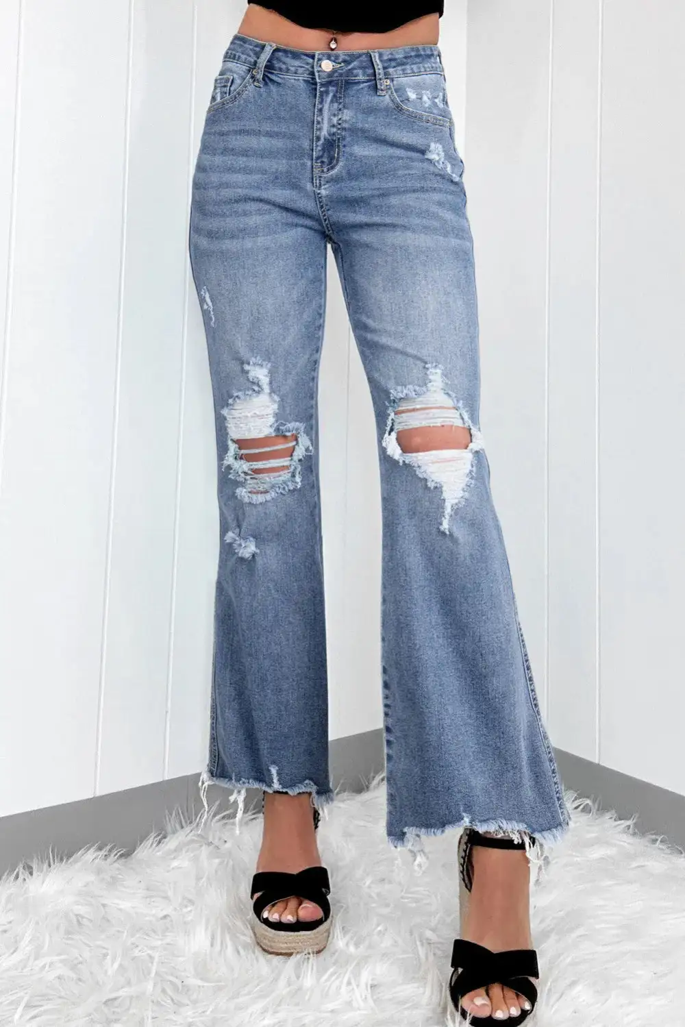 Structured Flare Leg Raw Hem Distressed Denim Jeans