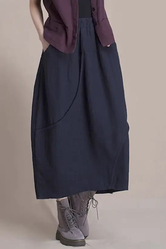 Patchwork Linen Blend Bubble Elastic Waist Midi Skirt