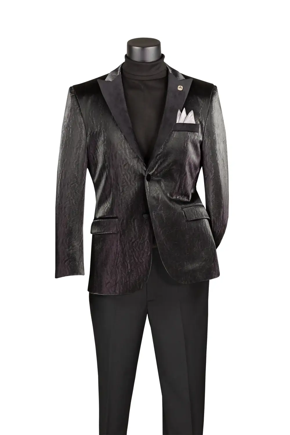 Black Modern Fit Leather Single Breasted Notch Lapel Side Vents Blazer