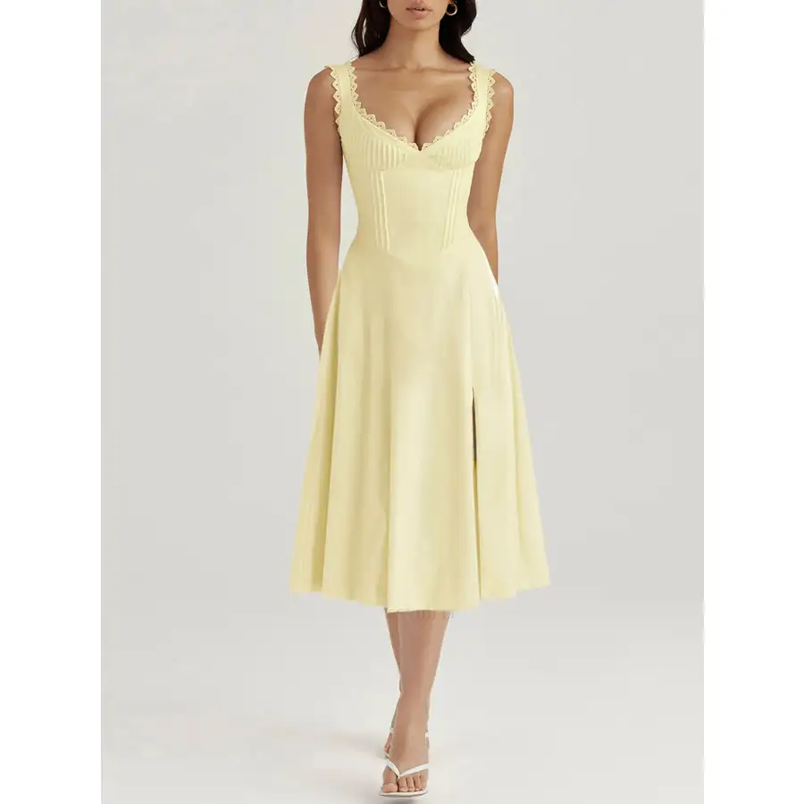 Scalloped V-Neck Midi Dress with Back Lace-Up