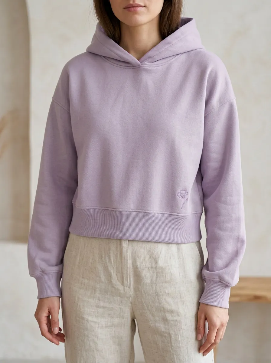 Women's Relaxed Minimalist Sage Green Small Flower Embroidered Hoodie