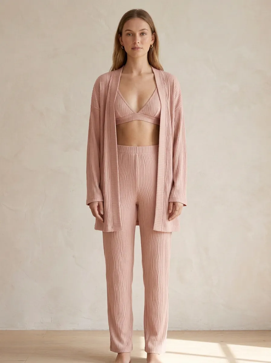 Ribbed Textured Open Front Cardigan Lounge Set